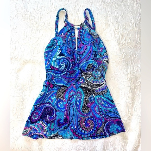 Trimshaper High Neck Cut-out Paisley Tankini Top - Picture 1 of 6